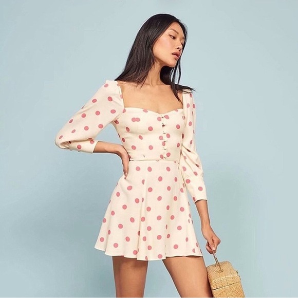 Reformation Lumiere Dress Pink Polka Dot Size 4 - Picture 1 of 5